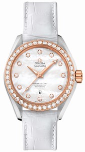 Omega Seamaster Aqua Terra Master Co-Axial Mother of Pearl Diamond Dial 18k Rose Gold and Diamond Bezel White Leather Watch# 231.28.34.20.55.003 ( Women Watch)