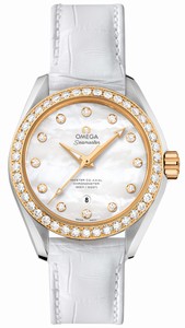 Omega Seamaster Aqua Terra Master Co-Axial White Mother of Pearl Diamond Dial 18k Yellow Gold and Diamond Bezel White Leather Watch# 231.28.34.20.55.004 (Women Watch)