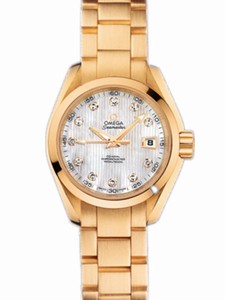 Omega 30mm Automatic Chronometer Aqua Terra White Mother Of Pearl Dial Yellow Gold Case, Diamonds With Yellow Gold Bracelet Watch #231.50.30.20.55.002 (Women Watch)