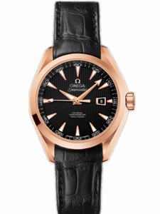 Omega 34mm Automatic Chronometer Aqua Terra Black Dial Rose Gold Case With Black Leather Strap Watch #231.53.34.20.01.002 (Women Watch)