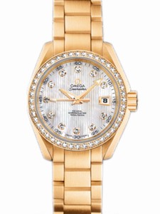 Omega 30mm Automatic Chronometer Aqua Terra Jewellery White Mother Of Pearl Dial Yellow Gold Case, Diamonds With Yellow Gold Bracelet Watch #231.55.30.20.55.002 (Women Watch)