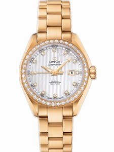 Omega 34mm Automatic Chronometer Aqua Terra White Mother Of Pearl Dial Yellow Gold Case, Diamonds With Yellow Gold Bracelet Watch #231.55.34.20.55.001 (Women Watch)