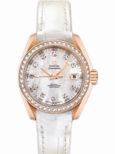 Omega 30mm Automatic Chronometer Aqua Terra Jewellery Teak White Mother Of Pearl Dial Rose Gold Case, Diamonds With White Leather Strap Watch #231.58.30.20.55.001 (Women Watch)