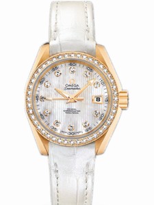 Omega 34mm Automatic Chronometer Aqua Terra White Mother Of Pearl Dial Yellow Gold Case, Diamonds With White Leather Strap Watch #231.58.34.20.55.001 (Women Watch)