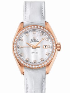 Omega 34mm Automatic Chronometer Aqua Terra White Mother Of Pearl Dial Rose Gold Case, Diamonds With White Leather Strap Watch #231.58.34.20.55.002 (Women Watch)