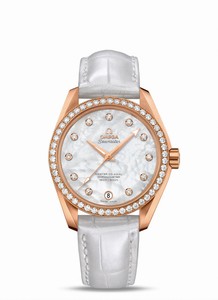Omega Seamaster Master Co-Axial Chronometer White Mother of Pearl Diamond Dial 18k Rose Gold Case White Leather Watch# 231.58.39.21.55.001 (Women Watch)