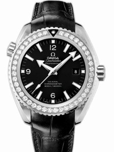 Omega 45.5mm Automatic Chronometer Planet Ocean Big Size Black Dial Stainless Steel Case, Diamonds With Black Leather Strap Watch #232.18.46.21.01.001 (Men Watch)