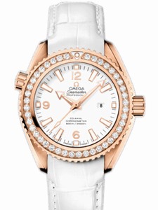 Omega 37.5mm Auto Chronometer Planet Ocean White Dial Rose Gold Case, Diamonds With White Leather Strap Watch #232.58.38.20.04.001 (Men Watch)