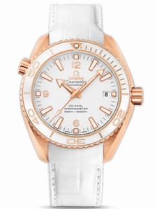 Omega 42mm Automatic Chronometer Planet Ocean White Dial Rose Gold Case With White Leather Strap Watch #232.63.42.21.04.001 (Men Watch)
