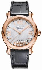 Chopard Happy Sport Automatic Mother of Pearl Floating Diamond Dial 18k Rose Gold Case Leather Watch# 274808-5008 (Women Watch)