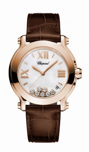 Chopard Happy Sport Quartz Mother of Pearl Dial Date Floating Diamond 18ct Rose Gold Case Brown Leather Watch# 277471-5002 (Women Watch)