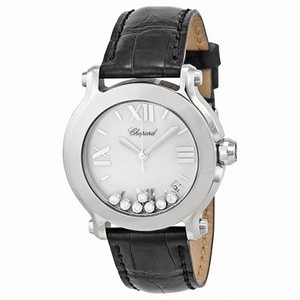 Chopard Happy Sport Quartz White Floating Diamonds Dial Date Black Leather Watch #278475-3001 (Women Watch)