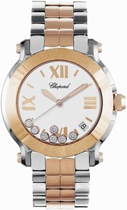 Chopard Quartz Stainless Steel And 18k Rose Gold White With Gold Roman Numeral, 7 Floating Diamonds And Date Between 4 And 5 Dial Stainless Steel And 18k Rose Gold Band Watch #278488-9001 (Women Watch)