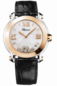 Chopard Happy Sport Quartz Mother of Pearl Dial Date Floating Diamond 18ct Rose Gold Bezel Black Leather Watch# 278492-9004 (Women Watch)