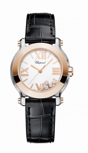 Chopard Happy Sport Quartz White Dial Floating Diamond 18ct Rose Gold Bezel Black Leather Watch# 278509-6001 (Women Watch)