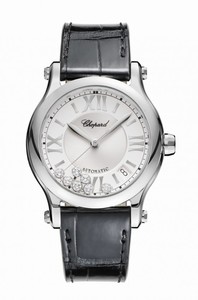 Chopard Happy Sport Automatic Silver Diamond Date Dial Black Leather Watch# 278559-3001 (Women Watch)