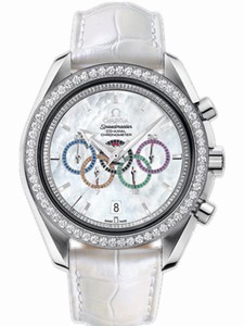 Omega 44.25mm Automatic Olympic Collection Timeless White Mother Of Pearl Dial White Gold Case, Diamonds With White Leather Strap WAtch #321.58.44.52.55.001 (Men Watch)