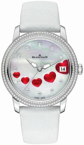 Blancpain Automatic Mother of Pearl Red Heart Diamond Dial Diamond Bezel White Leather Watch# 3400-4554-58B (Women Watch)