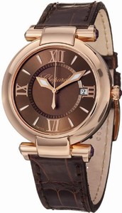 Chopard Imperiale Quartz Brown Dial Date 18ct Rose Gold Brown Leather Watch# 384221-5009 (Women Watch)