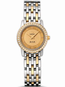 Omega 22mm Prestige Quartz Small Champagne Gold Dial Yellow Gold Case, Diamonds With Yellow Gold And Stainless Steel Bracelet Watch #413.25.22.60.08.001 (Women Watch)