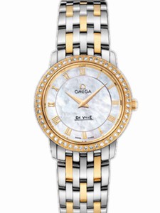 Omega 27mm Prestige Quartz White Mother Of Pearl Dial Yellow Gold Case, Diamonds With Yellow Gold And Stainless Steel Bracelet Watch #413.25.27.60.05.001 (Women Watch)