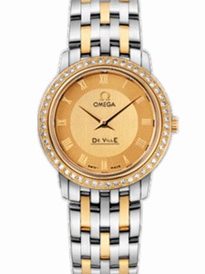 Omega 27mm Prestige Quartz Champagne Gold Dial Yellow Gold Case, Diamonds With Yellow Gold And Stainless Steel Bracelet Watch #413.25.27.60.08.001 (Women Watch)