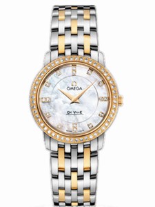 Omega 27mm Prestige Quartz Mother Of Pearl Dial Yellow Gold Case, Diamonds With Yellow Gold And Stainless Steel Bracelet Watch #413.25.27.60.55.001 (Women Watch)