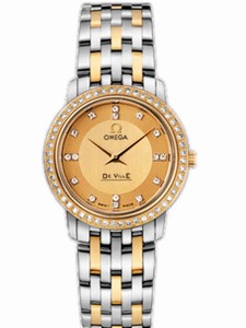 Omega 27mm Prestige Quartz Champagne Gold Dial Yellow Gold Case, Diamonds With Yellow Gold And Stainless Steel Bracelet Watch # 413.25.27.60.58.001 (Women Watch)