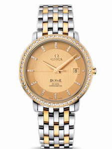 Omega 36.5mm Automatic Chronometer Prestige Co-Axial Champagne Gold Dial Yellow Gold Case, Diamonds With Yellow Gold And Stainless Steel Bracelet Watch #413.25.37.20.58.001 (Men Watch)