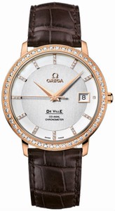 Omega DeVille Co-Axial Chronometer Date Diamond Bezel 18k Rose Gold Case Brown Leather Watch# 413.58.37.20.52.001 (Men Watch)