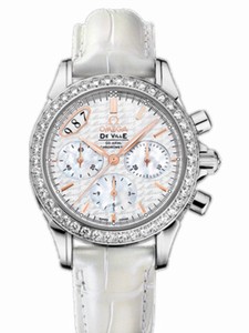 Omega 35mm Automatic Co-Axial Chronograph White Mother Of Pearl Dial Stainless Steel Case, Diamonds With White Leather Strap Watch #422.18.35.50.05.001 (Women Watch)