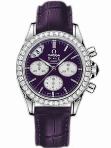Omega 35mm Automatic Co-Axia Chronograph Purple Dial Stainless Steel Case, Diamonds With Purple Leather Strap Watch #422.18.35.50.10.001 (Women Watch)
