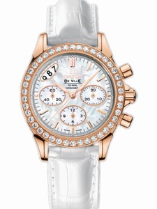 Omega 35mm Automatic Co-Axial Chronograph White Mother Of Pearl Dial Rose Gold Case, Diamonds With White Leather Strap Watch #422.58.35.50.05.002 (Women Watch)