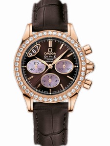 Omega 35mm Automatic Co-Axial Chronograph Brown Dial Rose Gold Case, Diamonds With Brown Leather Strap Watch #422.58.35.50.13.001 (Women Watch)