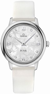 Omega Deville Prestige Quartz Silver Diamond Dial White Leather Watch# 424.12.33.60.52.001 (Women Watch)