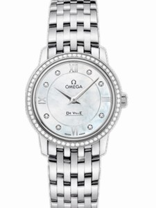 Omega 27.4mm Prestige Quartz White Mother Of Pear Dial Stainless Steel Case, Diamonds With Stainless Steel Bracelet Watch #424.15.27.60.55.001 (Women Watch)