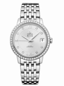Omega 32.7mm Prestige Co-Axial Silver Dial Stainless Steel Case, Diamonds With Stainless Steel Bracelet Watch #424.15.33.20.52.001 (Women Watch)
