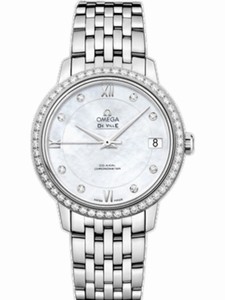Omega 32.7mm Prestige Co-Axial White Mother Of Pearl Dial Stainless Steel Case, Diamonds With Stainless Steel Bracelet Watch #424.15.33.20.55.001 (Women Watch)