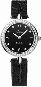 Omega De Ville Prestige Dewdrop Quartz Diamond Bezel Black Leather Watch # 424.18.27.60.51.001 (Women Watch)