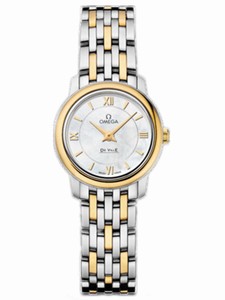Omega 24.4mm Prestige Quartz White Mother Of Pearl Dial Yellow Gold Case With Yellow Gold And Stainless Steel Bracelet Watch #424.20.24.60.05.001 (Women Watch)