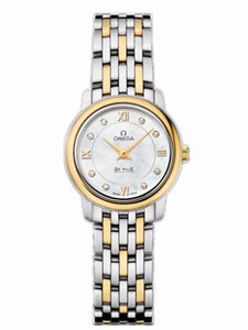 Omega 24.4mm Prestige Quartz White Mother Of Pearl Dial Yellow Gold Case With Yellow Gold And Stainless Steel Bracelet Watch #424.20.24.60.55.001 (Women Watch)