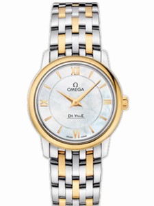 Omega 27.4mm Prestige Quartz White Mother Of Pearl Dial Yellow Gold Case, Diamonds With Yellow Gold Bracelet Watch #424.20.27.60.05.001 (Women Watch)