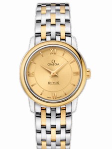 Omega 27.4mm Prestige Quartz Champagne Gold Dial Yellow Gold Case With Yellow Gold And Stainless Steel Bracelet Watch #424.20.27.60.08.001 (Women Watch)