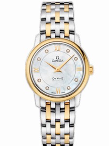 Omega 27.4mm Prestige Quartz White Mother Of Pearl Dial Yellow Gold Case, Diamonds With Yellow Gold And Stainless Steel Bracelet Watch #424.20.27.60.55.001 (Women Watch)
