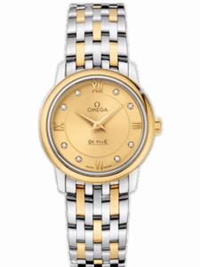 Omega 27.4mm Prestige Quartz Champagne Gold Dial Yellow Gold Case, Diamonds With Yellow Gold And Stainless Steel Bracelet Watch #424.20.27.60.58.001 (Women Watch)