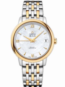 Omega 32.7mm Prestige Co-Axial White Mother Of Pearl Dial Yellow Gold Case With Yellow Gold And Stainless Steel Bracelet Watch #424.20.33.20.05.001 (Women Watch)