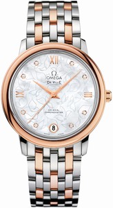 Omega De Ville Prestige Co-Axial Chronometer White Mother of Pearl Diamond Dial Date 18k Rose Gold and Stainless Steel Watch# 424.20.33.20.55.001 (Women Watch)