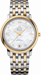 Omega De Ville Prestige Co-Axial White Mother of Pearl Diamond Dial Date 18k Yellow Gold and Stainless Steel Watch# 424.20.33.20.55.002 (Women Watch)