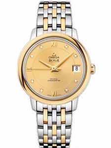 Omega 32.7mm Prestige Co-Axial Champagne Gold Dial Yellow Gold Case, Diamonds With Yellow Gold And Stainless Steel Bracelet Watch #424.20.33.20.58.001 (Women Watch)
