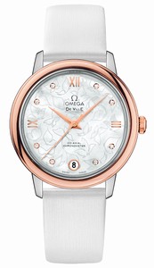 Omega De Ville Automatic Chronometer Mother of Pearl Diamond Dial 18k Rose Gold Bezel White Leather Watch# 424.22.33.20.55.001 (Women Watch)